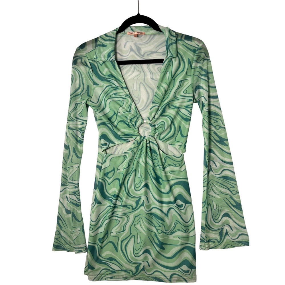 Bailey Rose Green Swirl Mesh Mini Dress O-Ring Cutout Bell Sleeve Medium